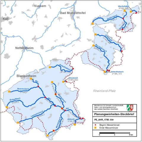 Kartenausschnitt vom Südwesten NRWs mit dem Verlauf des Flusses Ahr und ihrer Zuflüsse