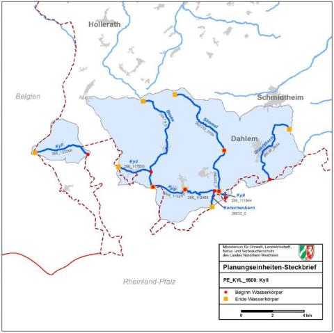 Kartenausschnitt vom Südwesten NRWs mit dem Verlauf des Flusses Kyll und ihrer Zuflüsse