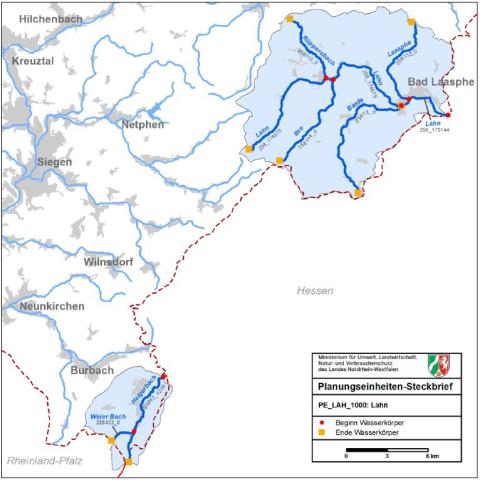 Kartenausschnitt vom Süd NRWs mit dem Verlauf des Flusses Lahn und ihrer Zuflüsse