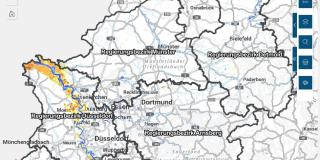 Grafische Oberfläche eines Karten-Portals gezoomt auf die Karte von NRW mit Funktionen