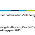 Die Abbildung zeigt die erste Folie des Vortrags mit dem Text Prüfung der potenziellen Zielartengewässer in NRW, Aktualisierung des Kapitels „Zielarten“ im Bewirtschaftungsplan 2015"