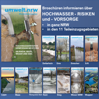 Titelbilder von 12 Broschüren zur Hochwasservorsorge in NRW