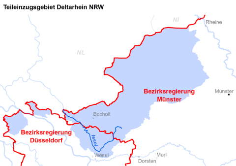 
		Zuständigkeiten im Teileinzugsgebiet Deltarhein NRW. Quelle: MULNV NRW
	