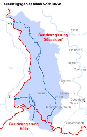 Eine Karte zeigt das Einzugsgebiet der Niers und der Schwalm im äußersten Westen von NRW an der Grenze zu den Niederlanden. Die Städte Mönchengladbach und Viersen liegen im Einzugegebiet. Ein kleiner Bereich im Süden liegt in der Zuständigkeit der Bezirksregierung Köln, der weit überwiegende Teil liegt in der Zuständigkeit der Bezirksregierung Düsseldorf.