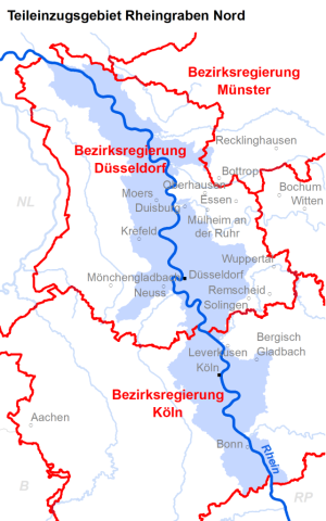
		Zuständigkeiten im Teileinzugsgebiet Rheingraben Nord. Quelle: MULNV NRW
	