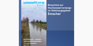 Titelseite einer Broschüre zum Hochwasserrisikomanagement an der Emscher, ein eingedeichter Fluss, Bäume, Wolken