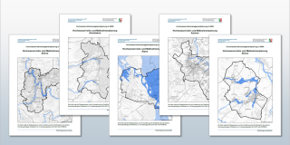 Titelseiten von 5 Dokumenten, zu Maßnahmen zum Hochwasserschutz auf kommunaler Ebene