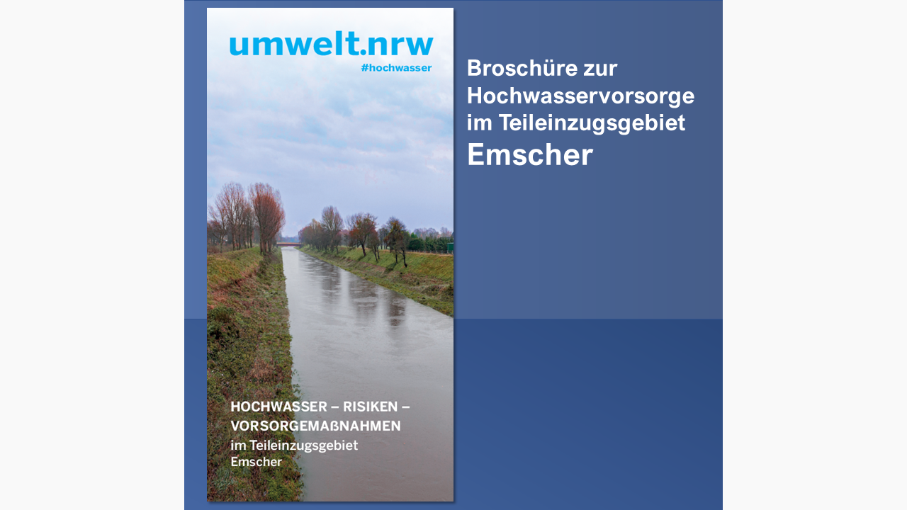 Titelseite einer Broschüre zum Hochwasserrisikomanagement an der Emscher, ein eingedeichter Fluss, Bäume, Wolken