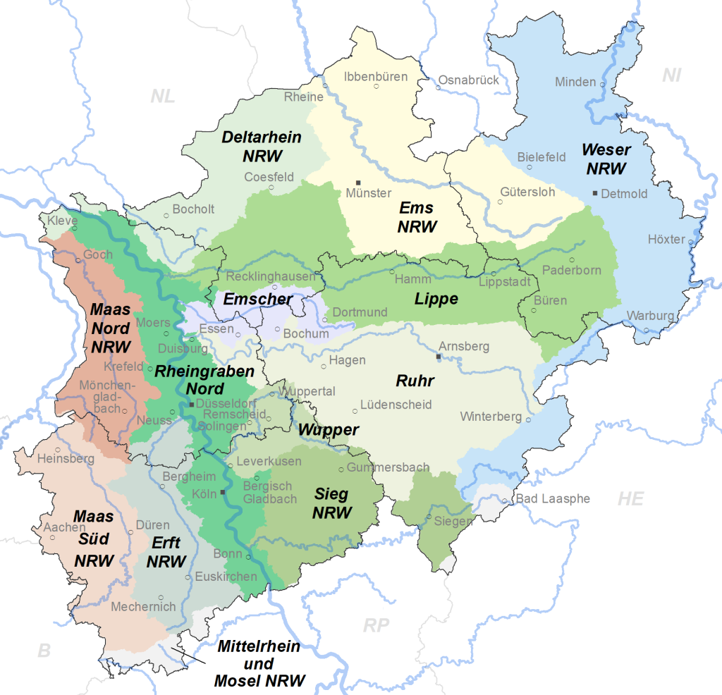 Die NRW-Karte zeigt mithilfe unterschiedlicher Farbtöne die Lage der Teileinzugsgebiete, die sich aus den Einzugsgebieten der jeweiligen Gewässer ergeben.