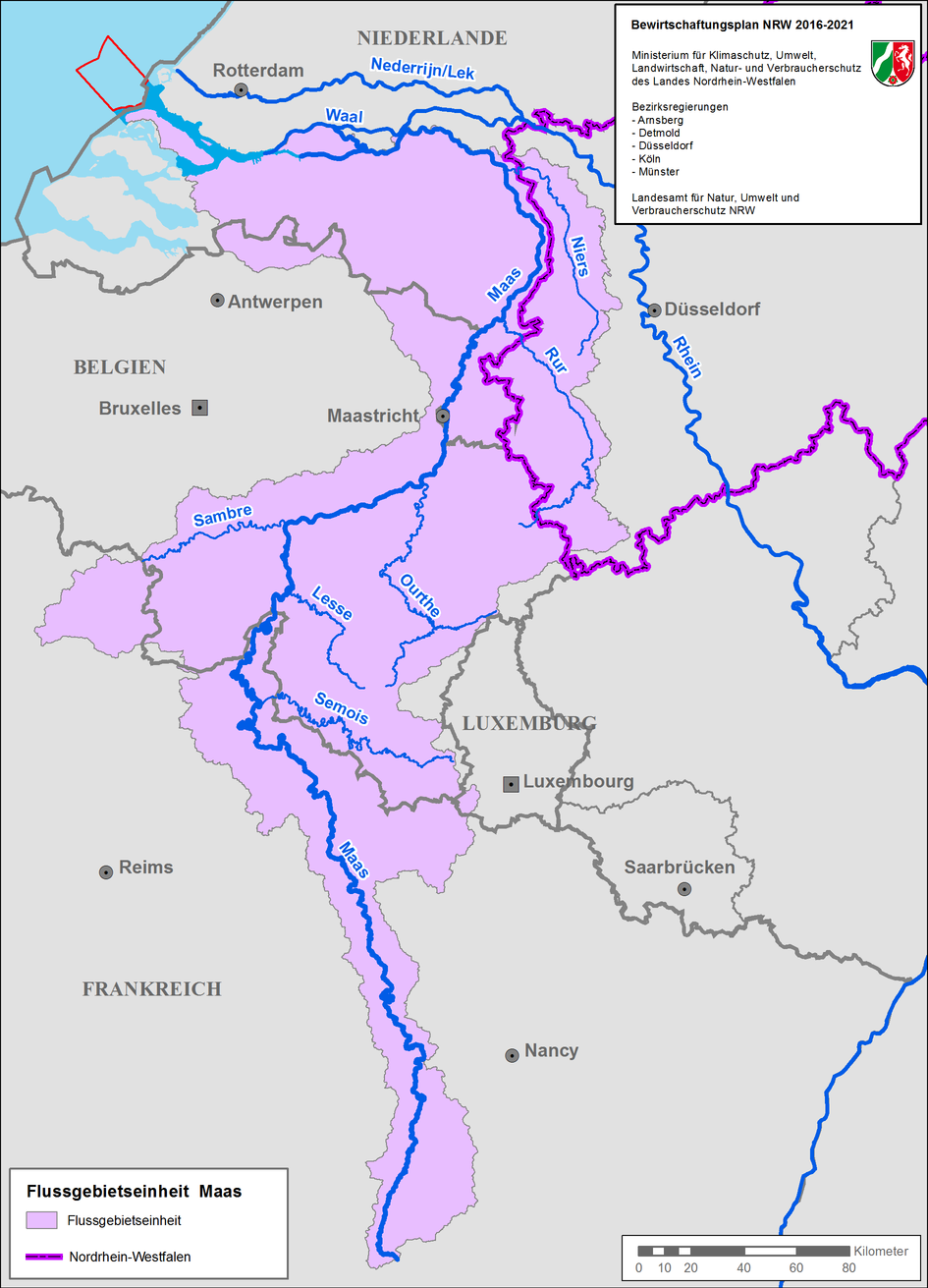 Eine Karte zeigt die FGE Maas von der niederländischen Nordseeküste über Deutschland und Belgien bis zur zur Quelle in Frankreich. Die FGE ist nicht in Bearbeitungsgebiete unterteilt.