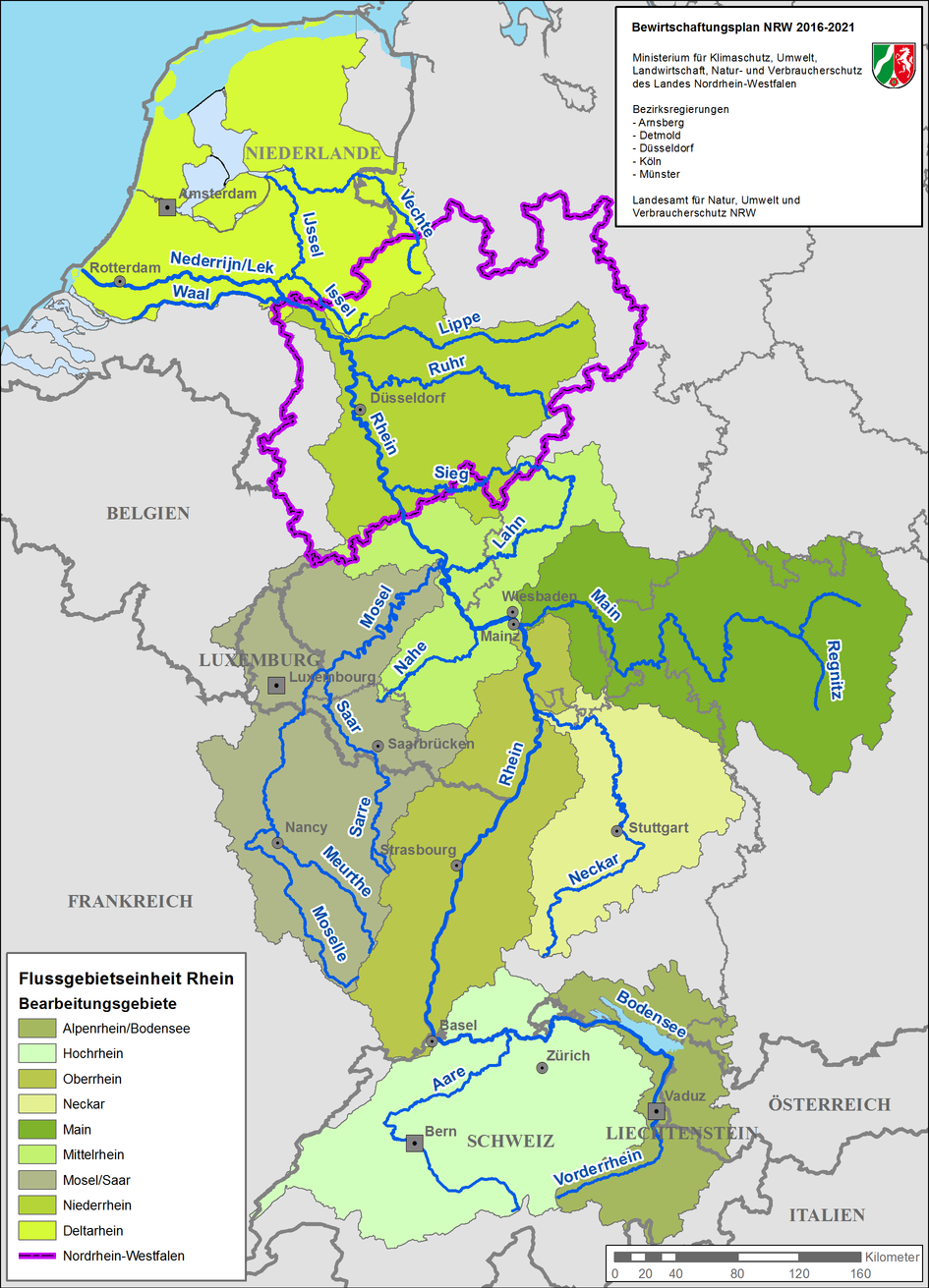 Eine Karte zeigt die Bearbeitungsgebiete der FGE Rhein von der Nordseeküste in den Niederlanden bis zur Schweiz durch unterschiedliche Grüntöne an. Von Nord nach Süd heißen die Bearbeitungsgebiete: Deltarhein, Niederrhein (dieses Gebiet umfasst größtenteils NRW), Mosel/Saar, Mittelrhein, Main, Neckar, Oberrhein, Hochrhein und Alpenrhein/Bodensee.